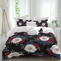 Prime Leader Independence Day Duvet Cover Set Queen Size 4 Pieces Red Blue White Roses Floral Leaf Black Bedding Set with Zipper Closure, 1 Comforter Cover 90x92 Inches 1 Flat Sheet & 2 Pillow Cases