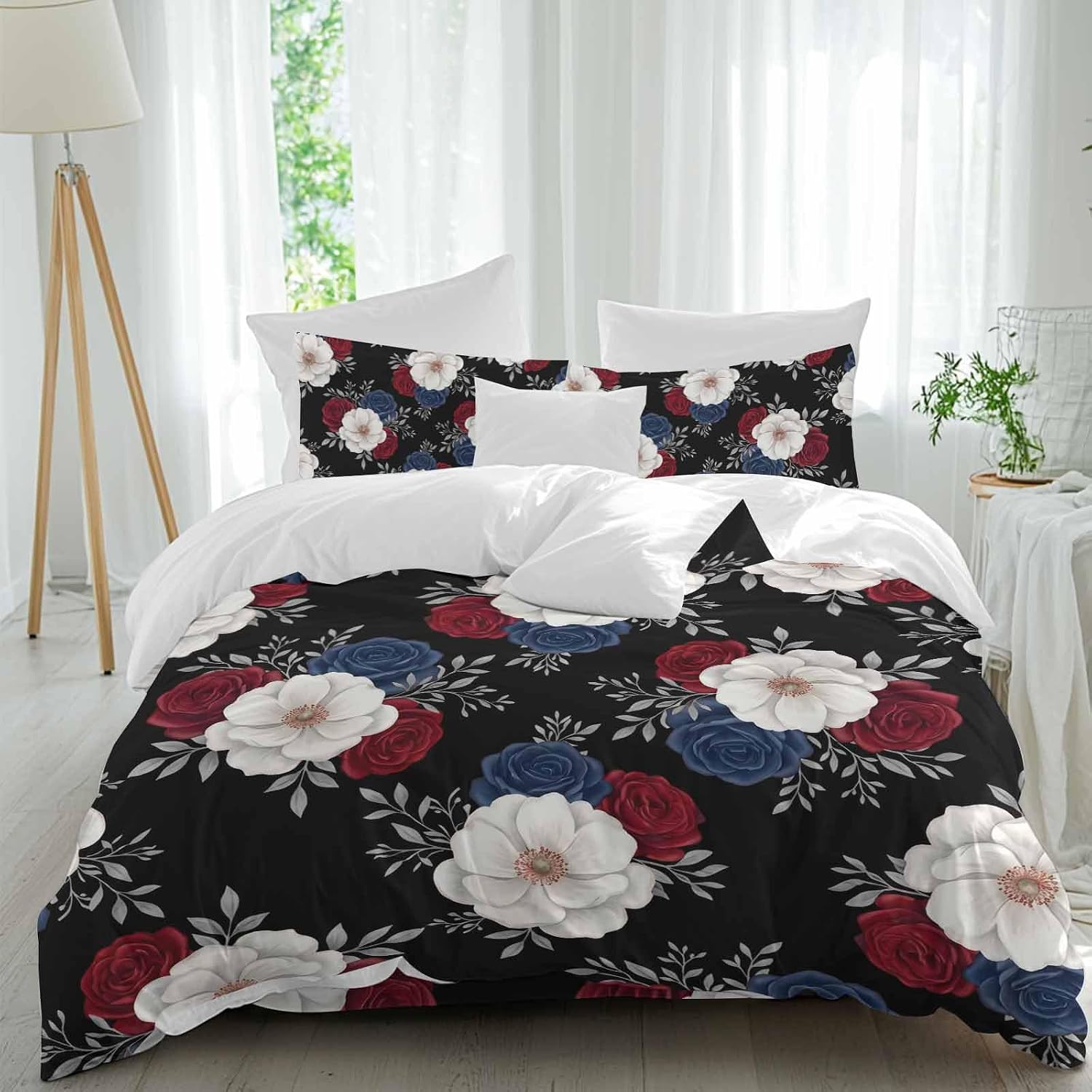 Prime Leader Independence Day Duvet Cover Set Queen Size 4 Pieces Red Blue White Roses Floral Leaf Black Bedding Set with Zipper Closure, 1 Comforter Cover 90x92 Inches 1 Flat Sheet & 2 Pillow Cases