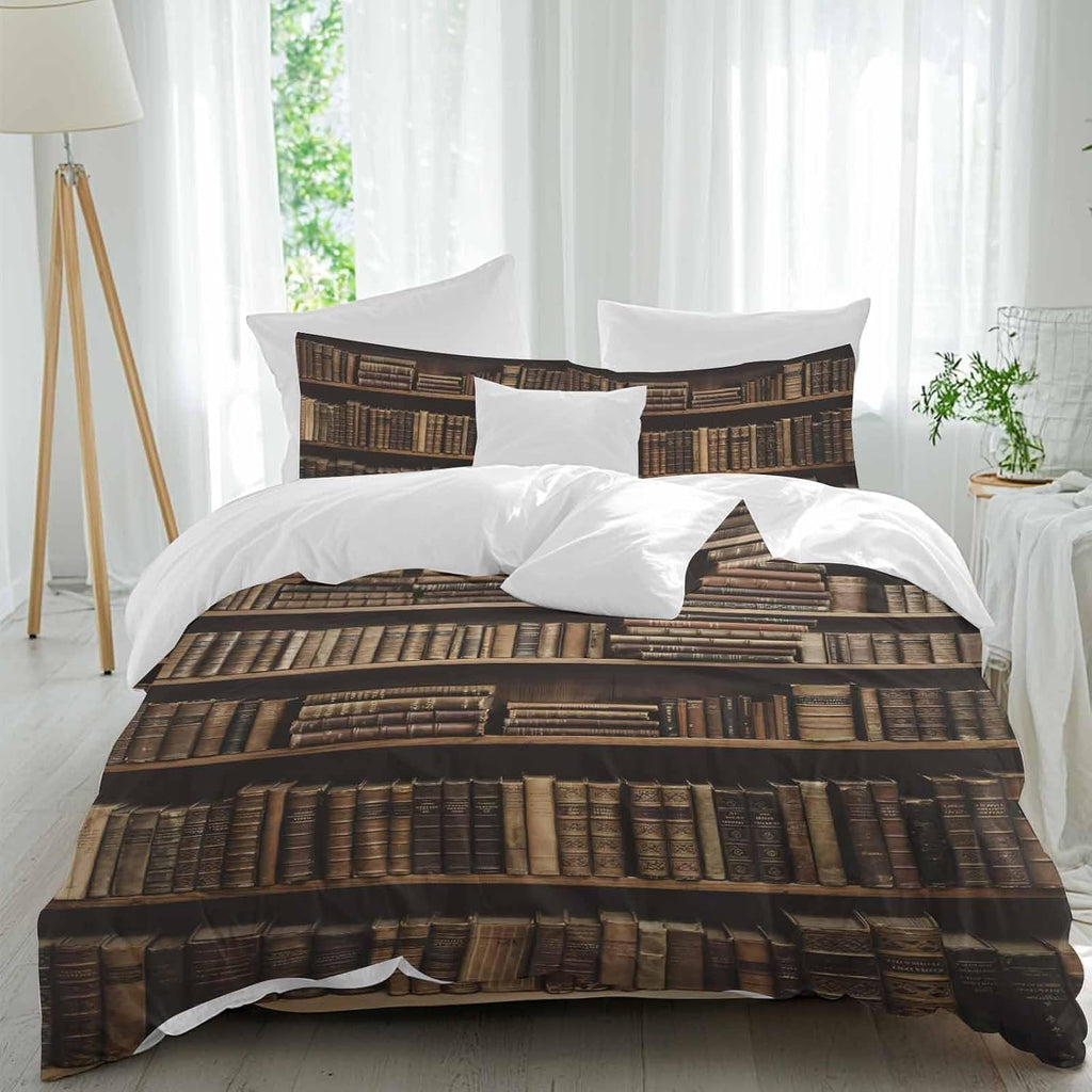 Prime Leader Vintage Bookshelf Duvet Cover Set Queen Size 4 Pieces Library Book Retro Bedding Set with Zipper Closure, 1 Comforter Cover 90x92 Inches 1 Flat Sheet & 2 Pillow Cases