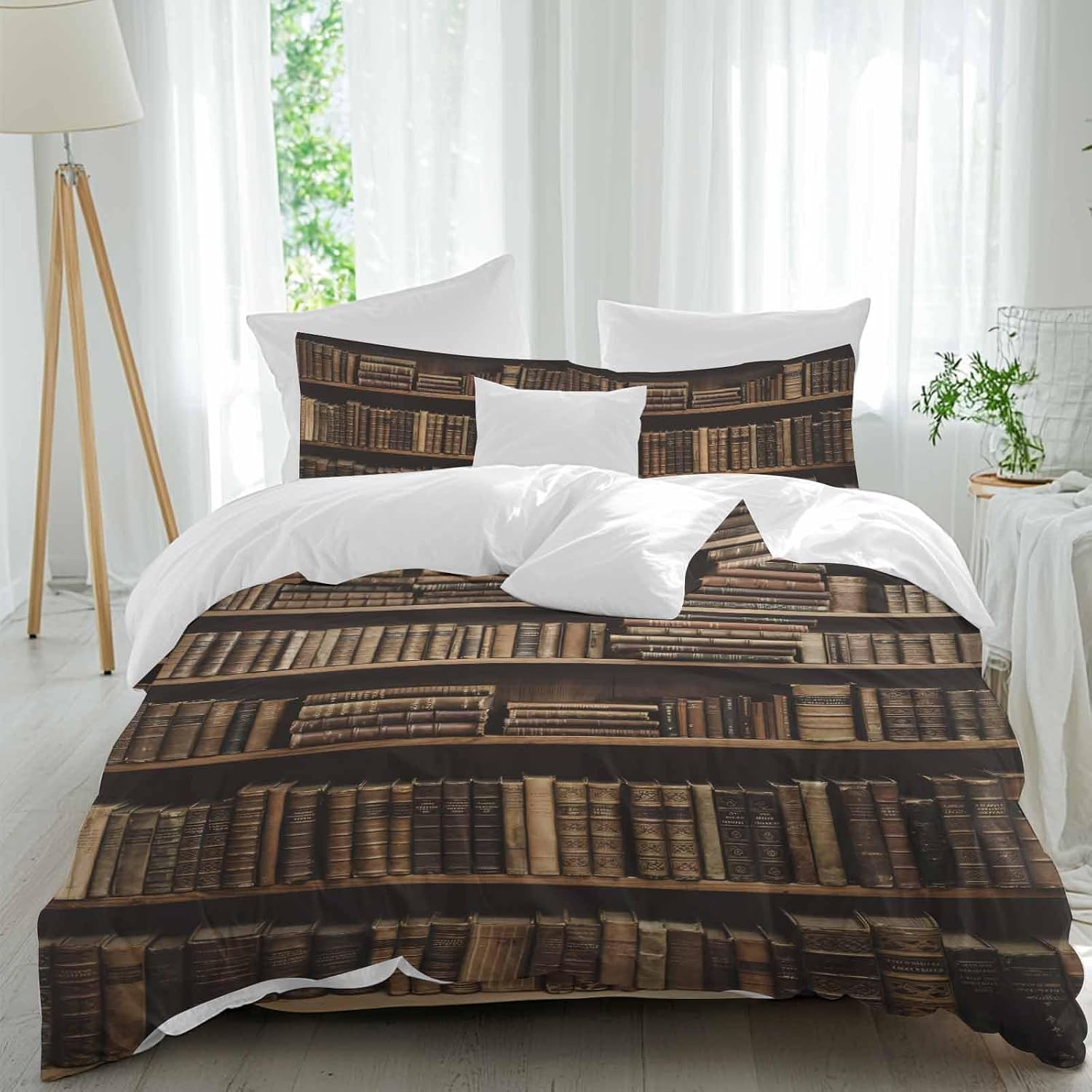 Prime Leader Vintage Bookshelf Duvet Cover Set Queen Size 4 Pieces Library Book Retro Bedding Set with Zipper Closure, 1 Comforter Cover 90x92 Inches 1 Flat Sheet & 2 Pillow Cases