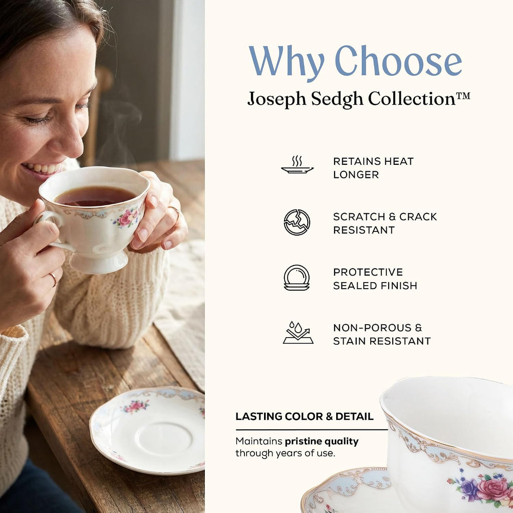 Joseph Sedgh Collection 'Romantic Bloom' 57-Piece Bone China Dinnerware Set, Service for 8, Floral with Blue and Gold Trim