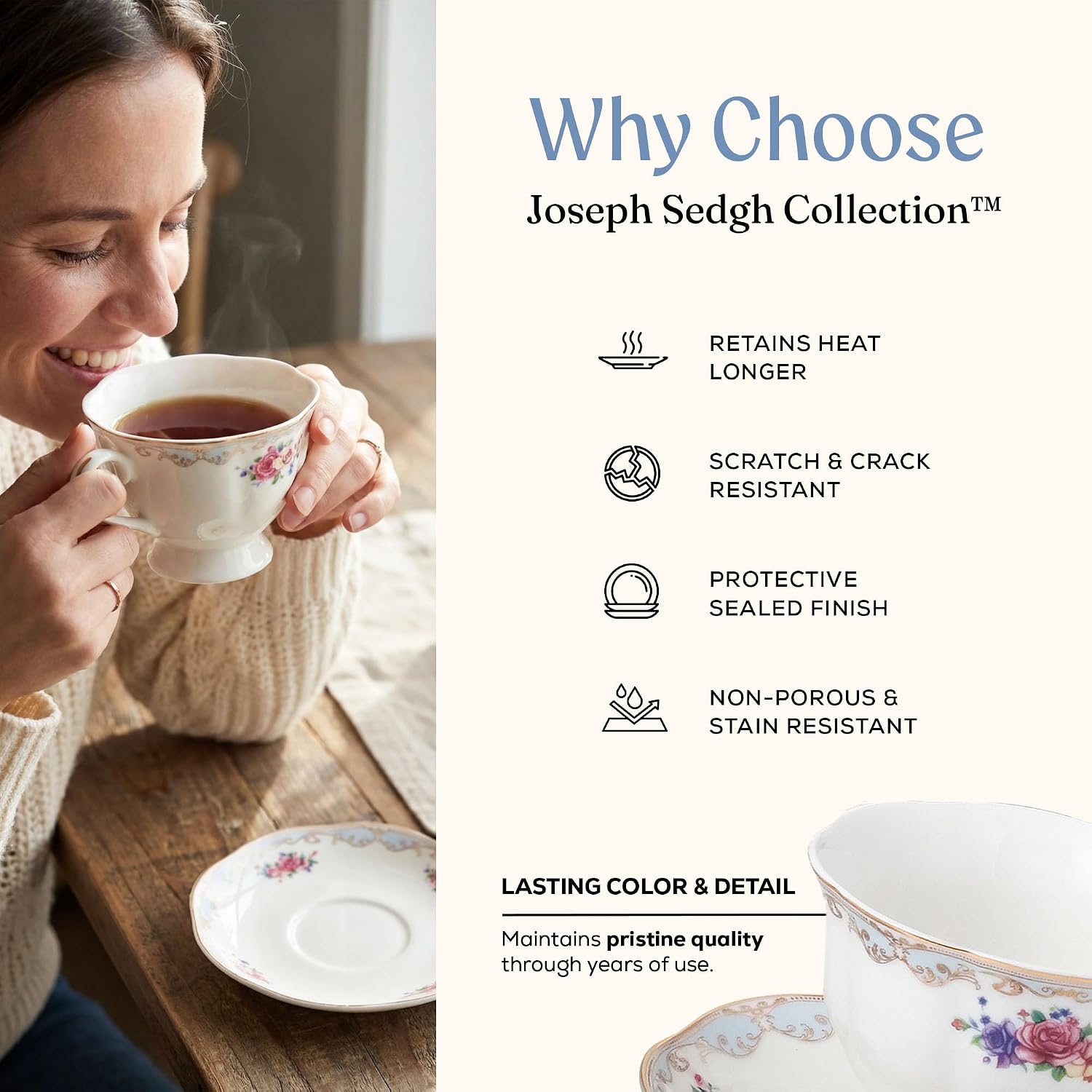Joseph Sedgh Collection 'Romantic Bloom' 57-Piece Bone China Dinnerware Set, Service for 8, Floral with Blue and Gold Trim