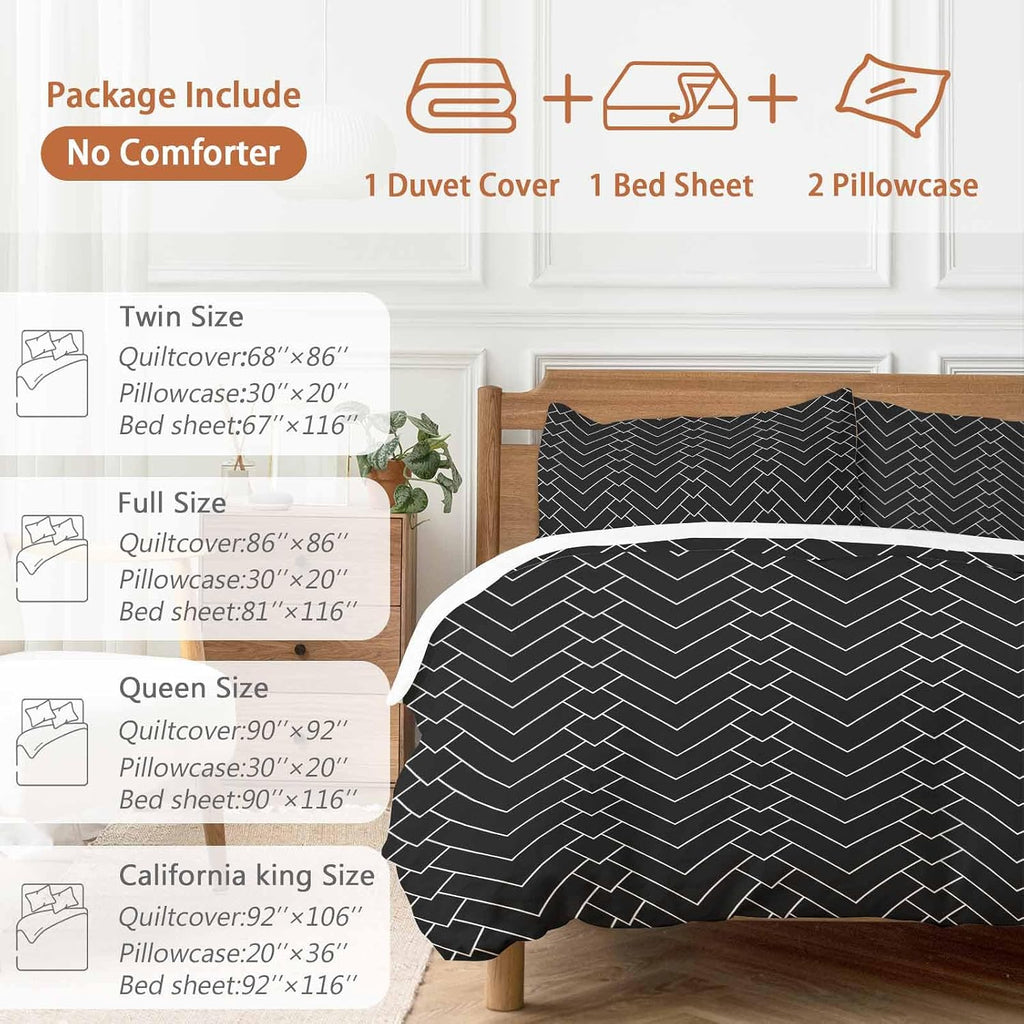 Prime Leader Abstract Line Duvet Cover Set Queen Size 4 Pieces Herringbone Black White Modern Simple Bedding Set with Zipper Closure, 1 Comforter Cover 90x92 Inches 1 Flat Sheet & 2 Pillow Cases