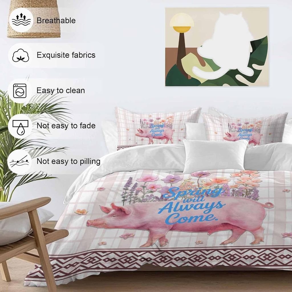 Spring Will Always Come Duvet Cover Set Queen Size 4 Pieces Funny Pig Rustic Wildflower Pink Stripes Bedding Set with Zipper Closure, 1 Comforter Cover 92x106 Inches 1 Flat Sheet & 2 Pillow Cases