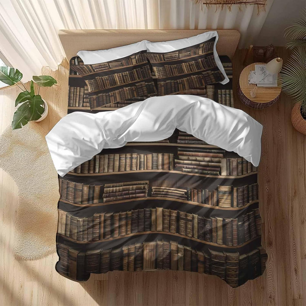 Prime Leader Vintage Bookshelf Duvet Cover Set Queen Size 4 Pieces Library Book Retro Bedding Set with Zipper Closure, 1 Comforter Cover 90x92 Inches 1 Flat Sheet & 2 Pillow Cases