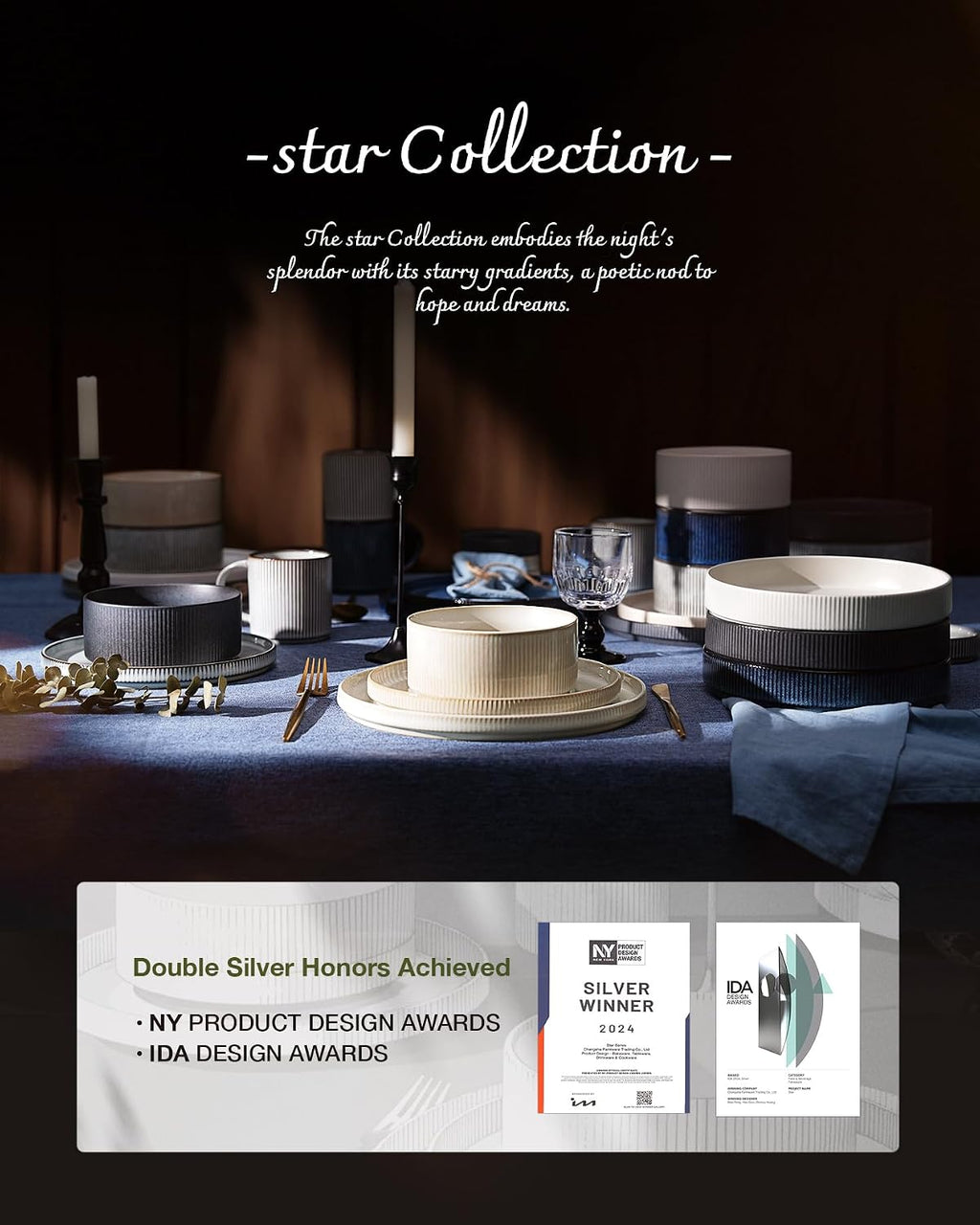 Famiware Star 24-Piece Reactive Glaze Plates and Bowls Sets, Service for 8 - Stoneware Dinnerware Set, High Edge Ribbed Dishes, Chip & Scratch Resistant, Microwave & Dishwasher Safe, Matte Gray