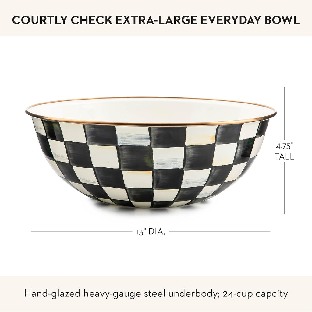 MACKENZIE-CHILDS Enamel Everyday Bowl, Serving Bowl for Entertaining, Extra-Large, Black-and-White Courtly Check, Set of 1