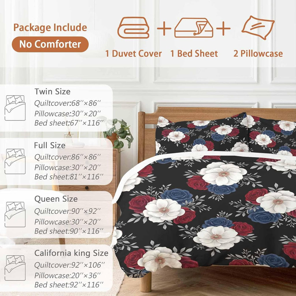Prime Leader Independence Day Duvet Cover Set Queen Size 4 Pieces Red Blue White Roses Floral Leaf Black Bedding Set with Zipper Closure, 1 Comforter Cover 90x92 Inches 1 Flat Sheet & 2 Pillow Cases