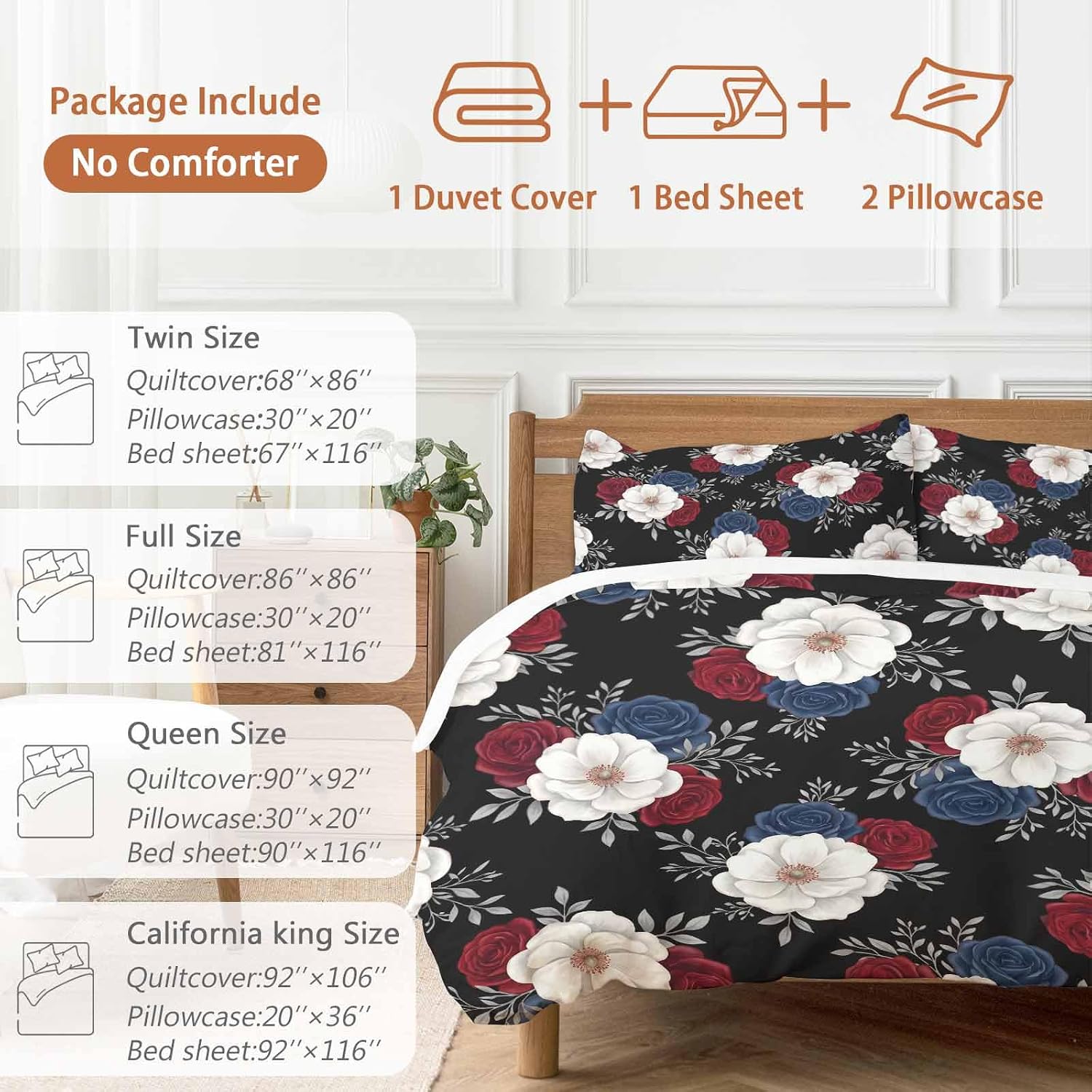 Prime Leader Independence Day Duvet Cover Set Queen Size 4 Pieces Red Blue White Roses Floral Leaf Black Bedding Set with Zipper Closure, 1 Comforter Cover 90x92 Inches 1 Flat Sheet & 2 Pillow Cases