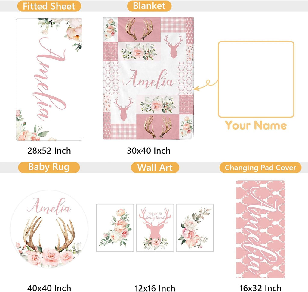 Terwex Personalized Baby Crib Bedding Set, 5 Pcs Custom Name Nursery Bedding Set, Pink Woodland Deer Baby Bedding Set for Girl, Double Layer Baby Crib Sets, Customized Gifts for Toddlers Kids Infants