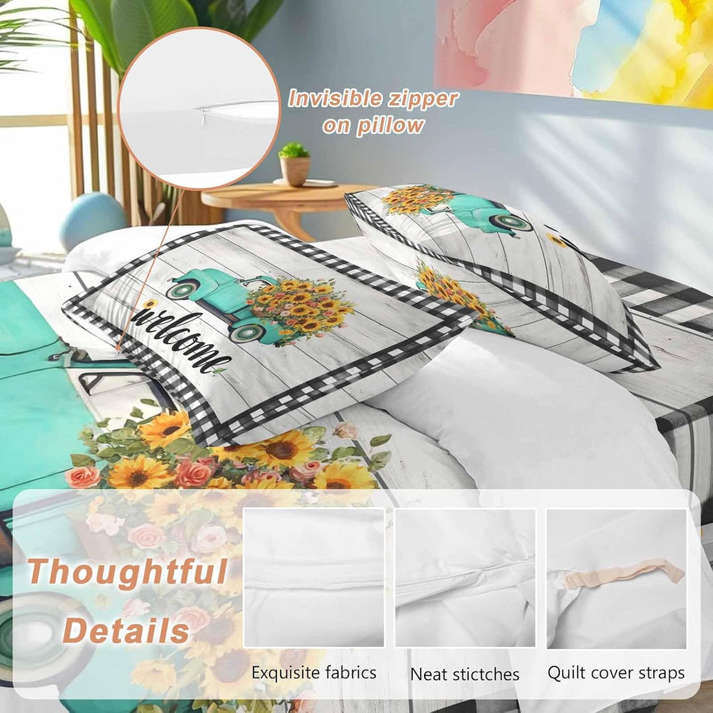 Welcome Duvet Cover Set Queen Size 4 Pieces Summer Flowers Truck Wood Grain Black White Lattice Frame Bedding Set with Zipper Closure, 1 Comforter Cover 90x92 Inches 1 Flat Sheet & 2 Pillow Cases
