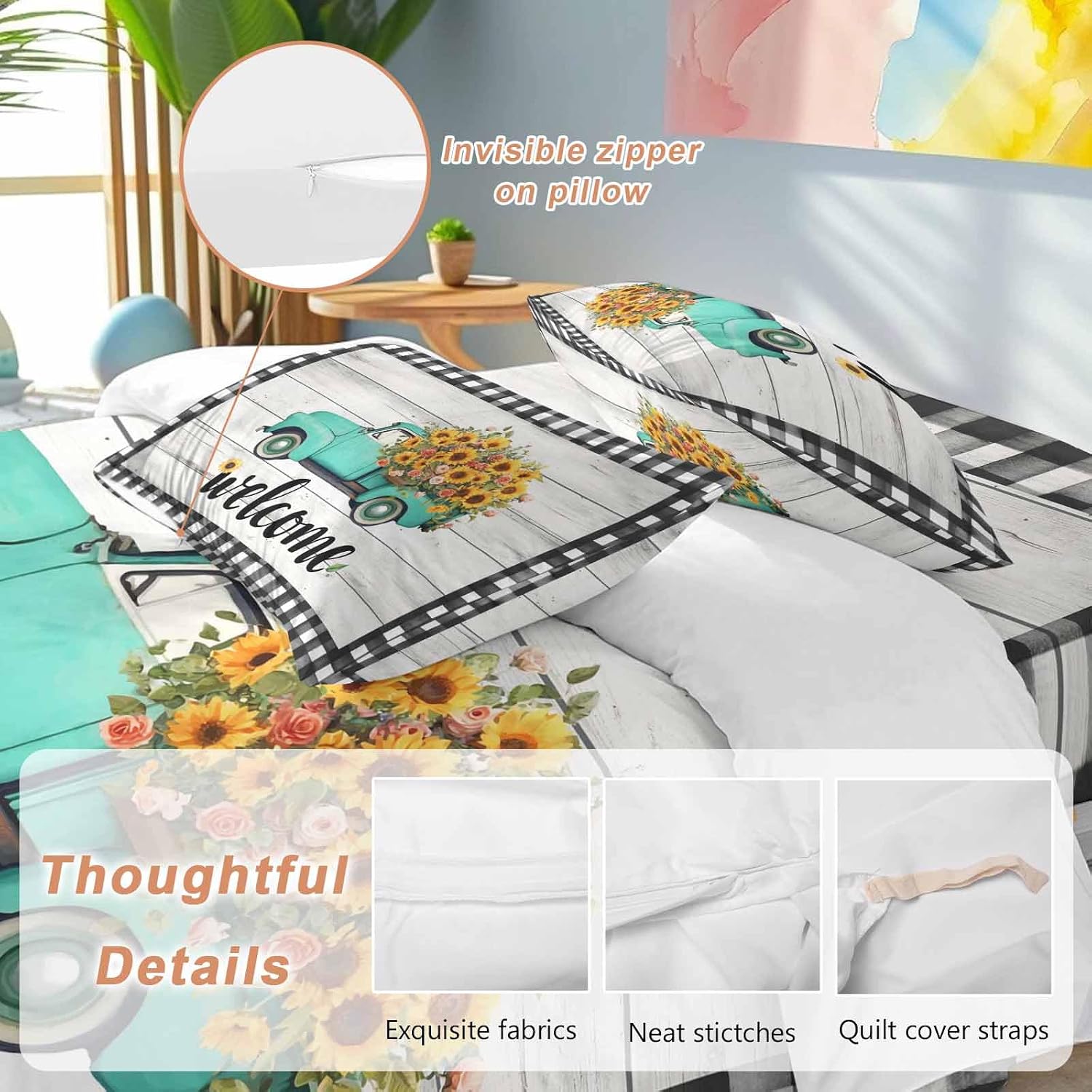 Welcome Duvet Cover Set Queen Size 4 Pieces Summer Flowers Truck Wood Grain Black White Lattice Frame Bedding Set with Zipper Closure, 1 Comforter Cover 90x92 Inches 1 Flat Sheet & 2 Pillow Cases