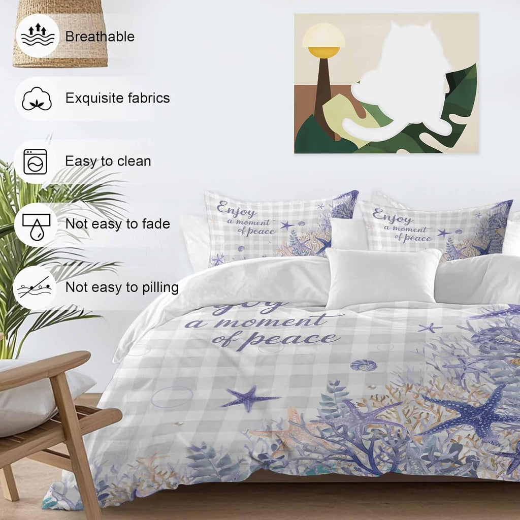 Purple Ocean Duvet Cover Set Queen Size 4 Pieces Enjoy A Moment of Peace Beach Starfish Shell Gray Plaid Bedding Set with Zipper Closure, 1 Comforter Cover 90x92 Inches 1 Flat Sheet & 2 Pillow Cases