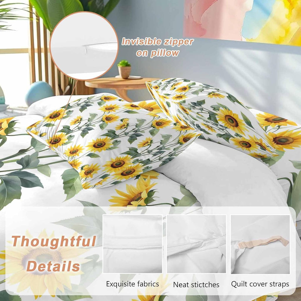 Prime Leader Summer Sunflowers Duvet Cover Set Queen Size 4 Pieces Watercolor Floral White Bedding Set with Zipper Closure, 1 Comforter Cover 90x92 Inches 1 Flat Sheet & 2 Pillow Cases