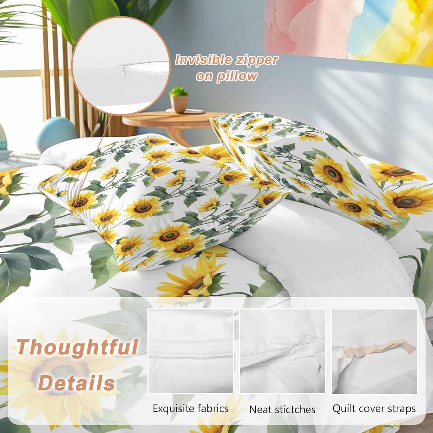 Prime Leader Summer Sunflowers Duvet Cover Set Queen Size 4 Pieces Watercolor Floral White Bedding Set with Zipper Closure, 1 Comforter Cover 90x92 Inches 1 Flat Sheet & 2 Pillow Cases