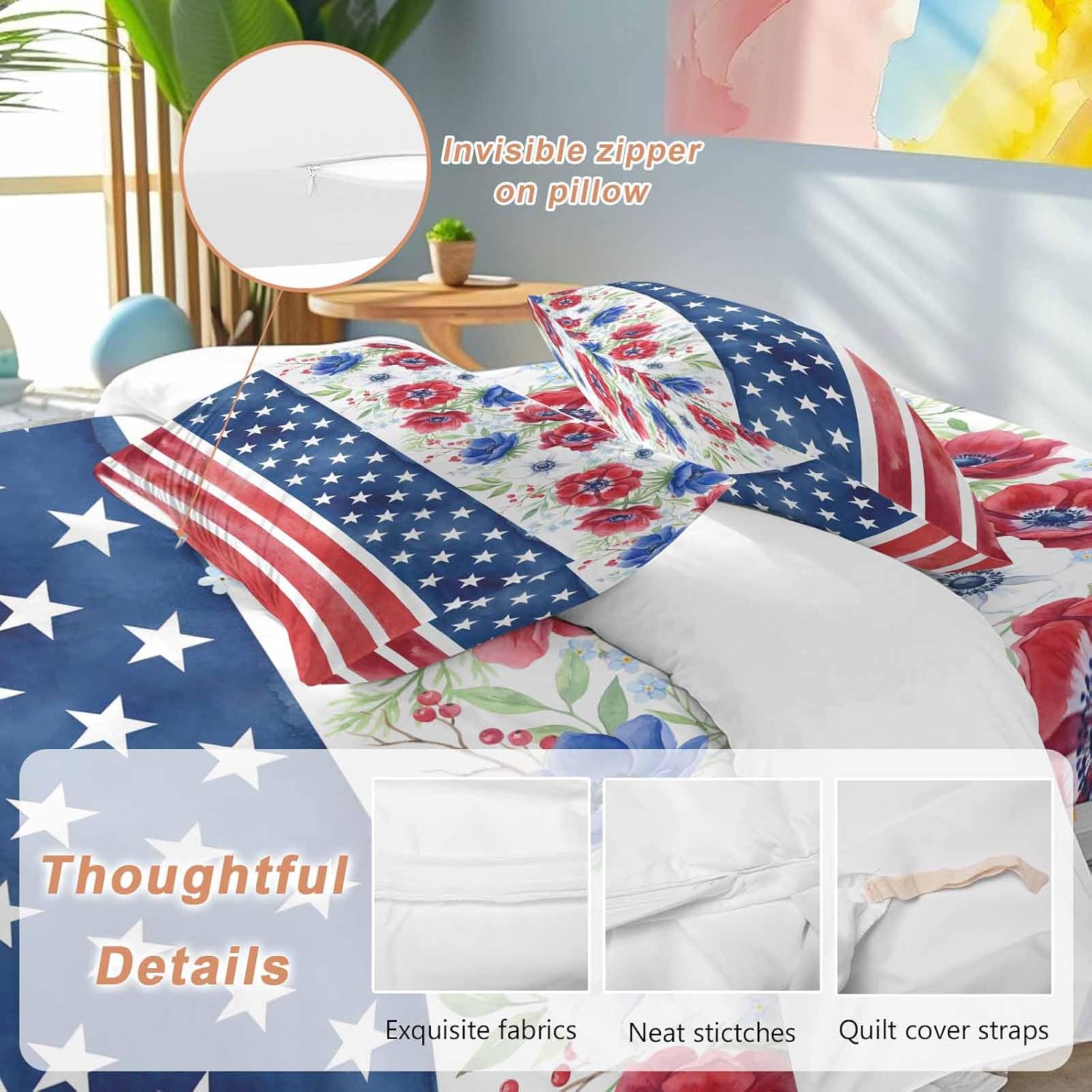 Independence Day Duvet Cover Set Queen Size 4 Pieces American Flag Red Blue Poppy Flower Country Bedding Set with Zipper Closure, 1 Comforter Cover 92x106 Inches 1 Flat Sheet & 2 Pillow Cases