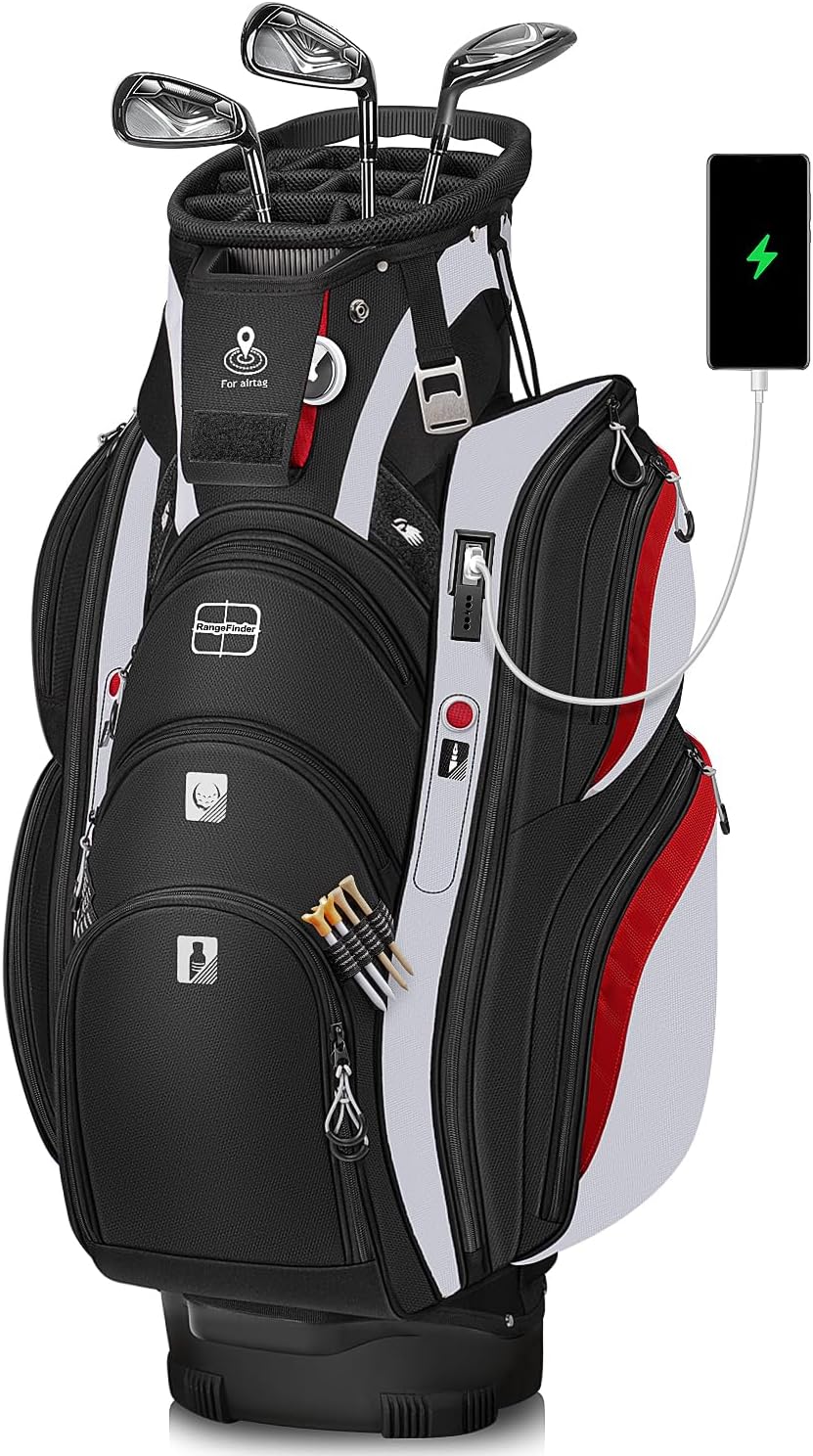 Vancropak Golf Cart Bag, Golf Gifts for Men with 15 Way Divider Top, USB Charging Port, Waterproof Protective Rain Cover, Shoe Compartment, Cooler Pocket, Tracker Slot, Umbrella Holder, Golfer Gifts