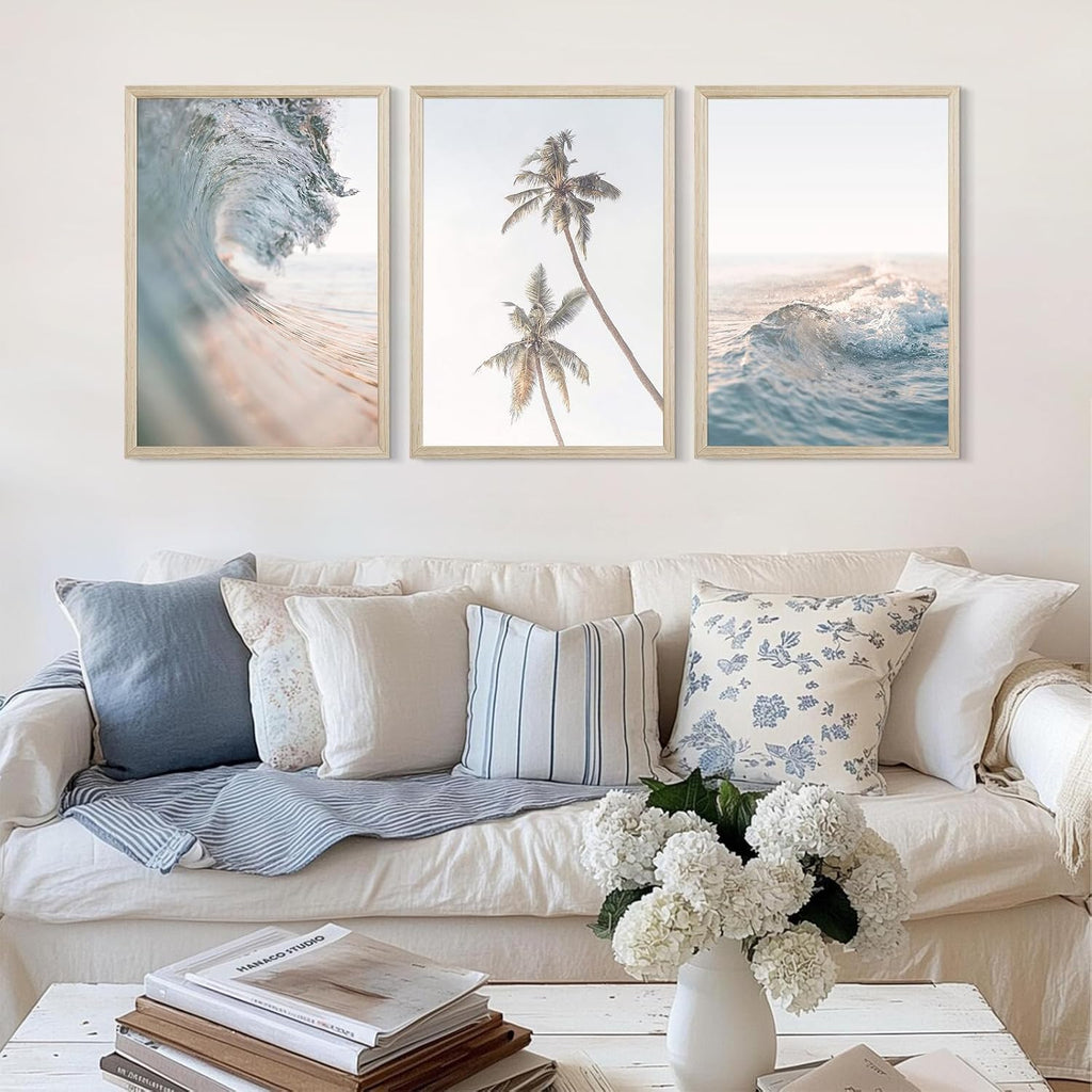 Lhoiplme Beach Wall Art Decor Coastal Ocean Poster Palm Tree Canvas Wall Decor Beachy Room Aesthetic Pictures Blue Waves Prints Beach Coasta Artwork for Bedroom Living Room 24x36 Inch Framed Set of 3