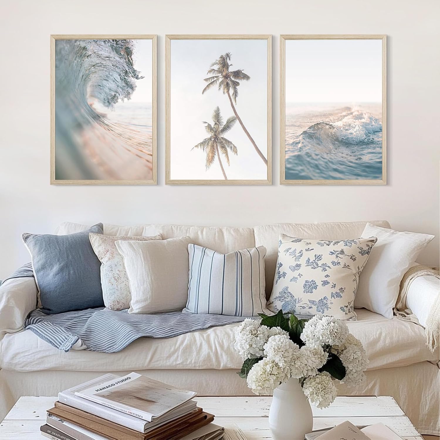Lhoiplme Beach Wall Art Decor Coastal Ocean Poster Palm Tree Canvas Wall Decor Beachy Room Aesthetic Pictures Blue Waves Prints Beach Coasta Artwork for Bedroom Living Room 24x36 Inch Framed Set of 3