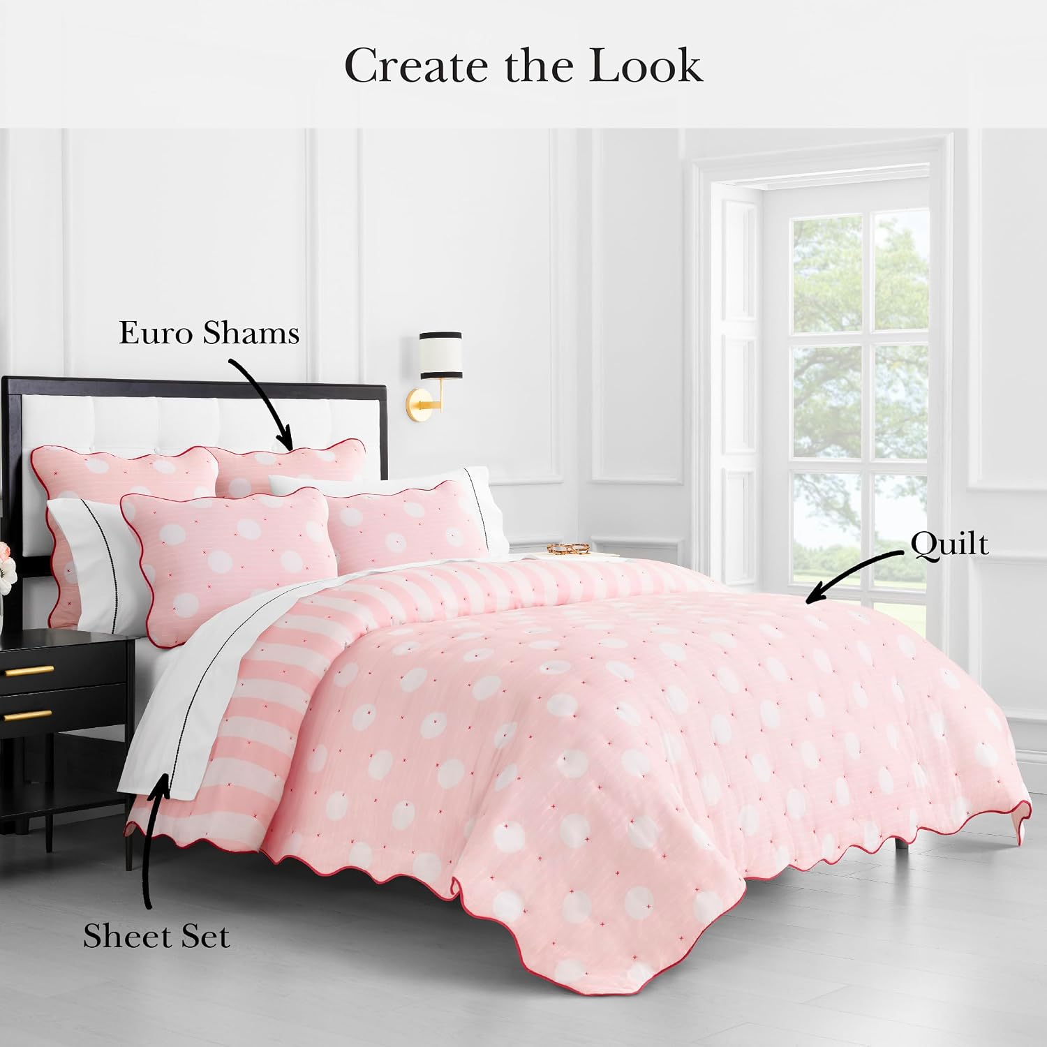 kate spade new york Stripe Dot 2-Piece Twin Quilt Bedding Set, 100% Cotton Reversible Cover, All Season Warmth Bedding, Machine Washable, Pink