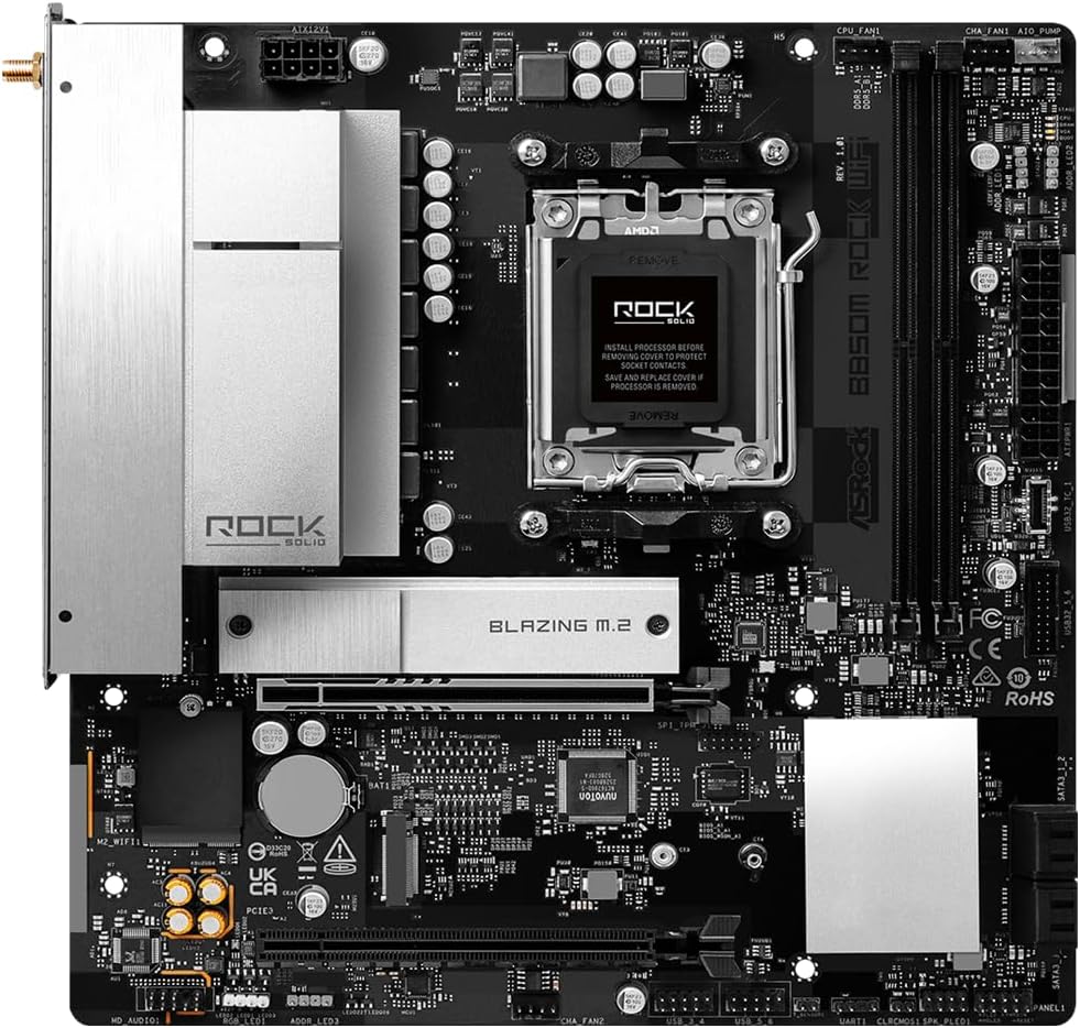 ASRock B850M Rock WiFi Socket AM5 Micro-ATX Motherboard, Supports AMD Ryzen 9000/8000/7000 Series, DDR5 8200+ (OC), PCIe 5.0, WiFi 6E, 2.5G LAN B850