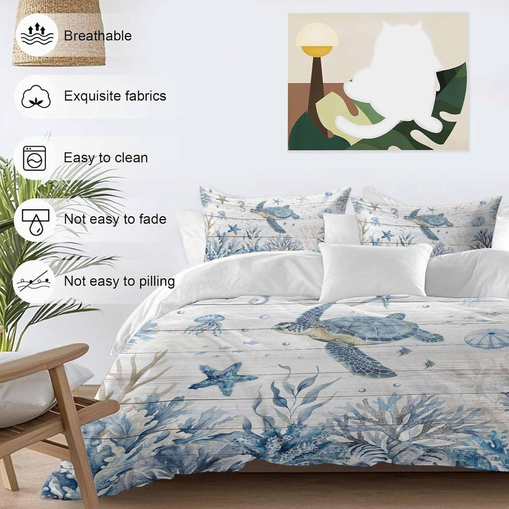 Marine Life Duvet Cover Set Queen Size 4 Pieces Ocean Turtle Coral Starfish Seashell Coastal Wood Grain Bedding Set with Zipper Closure, 1 Comforter Cover 90x92 Inches 1 Flat Sheet & 2 Pillow Cases
