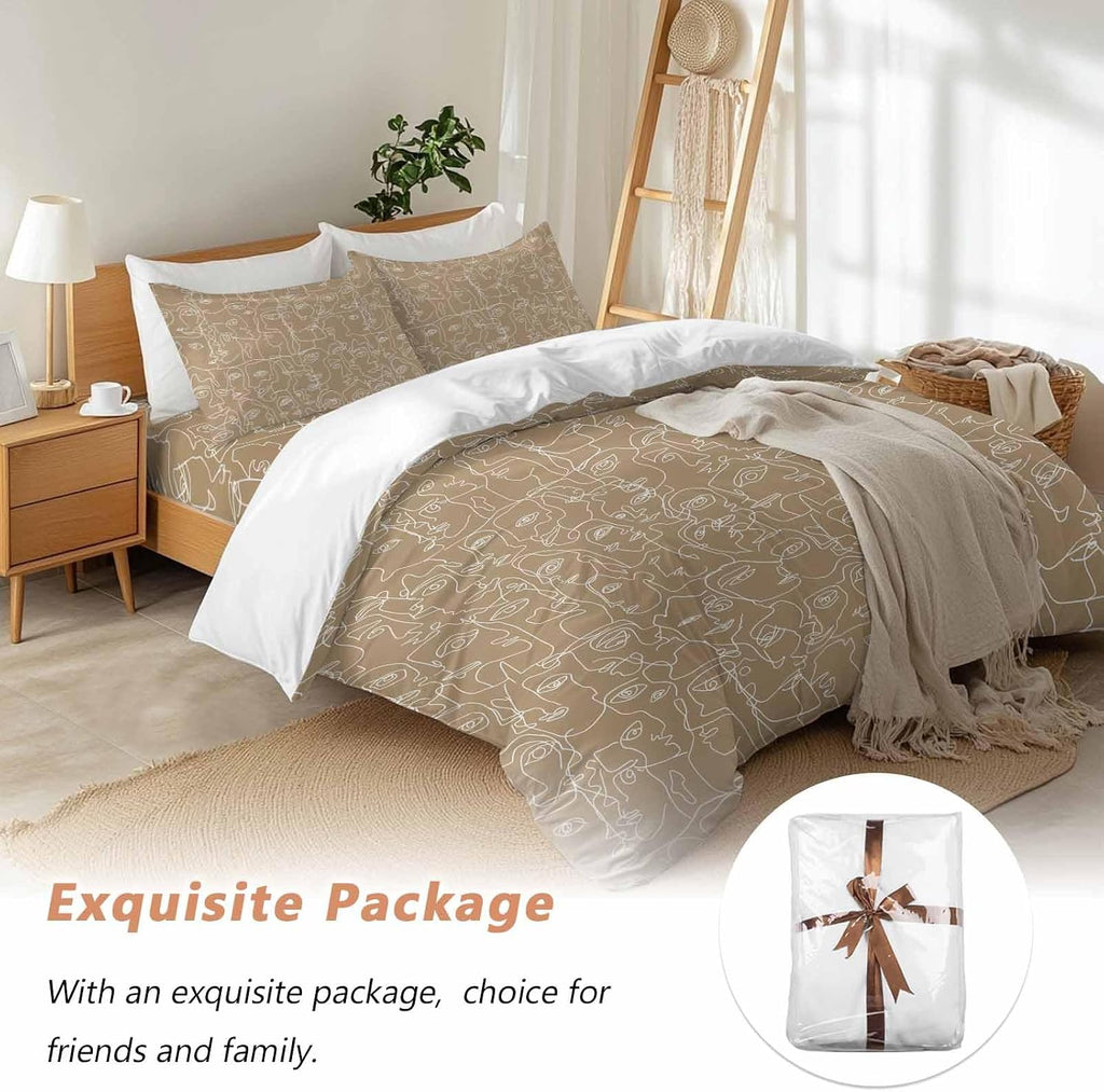 Brown Modern Art Duvet Cover Set Queen Size 4 Pieces White Abstract Line Human Face Minimalist Bedding Set with Zipper Closure, 1 Comforter Cover 86x86 Inches 1 Flat Sheet & 2 Pillow Cases