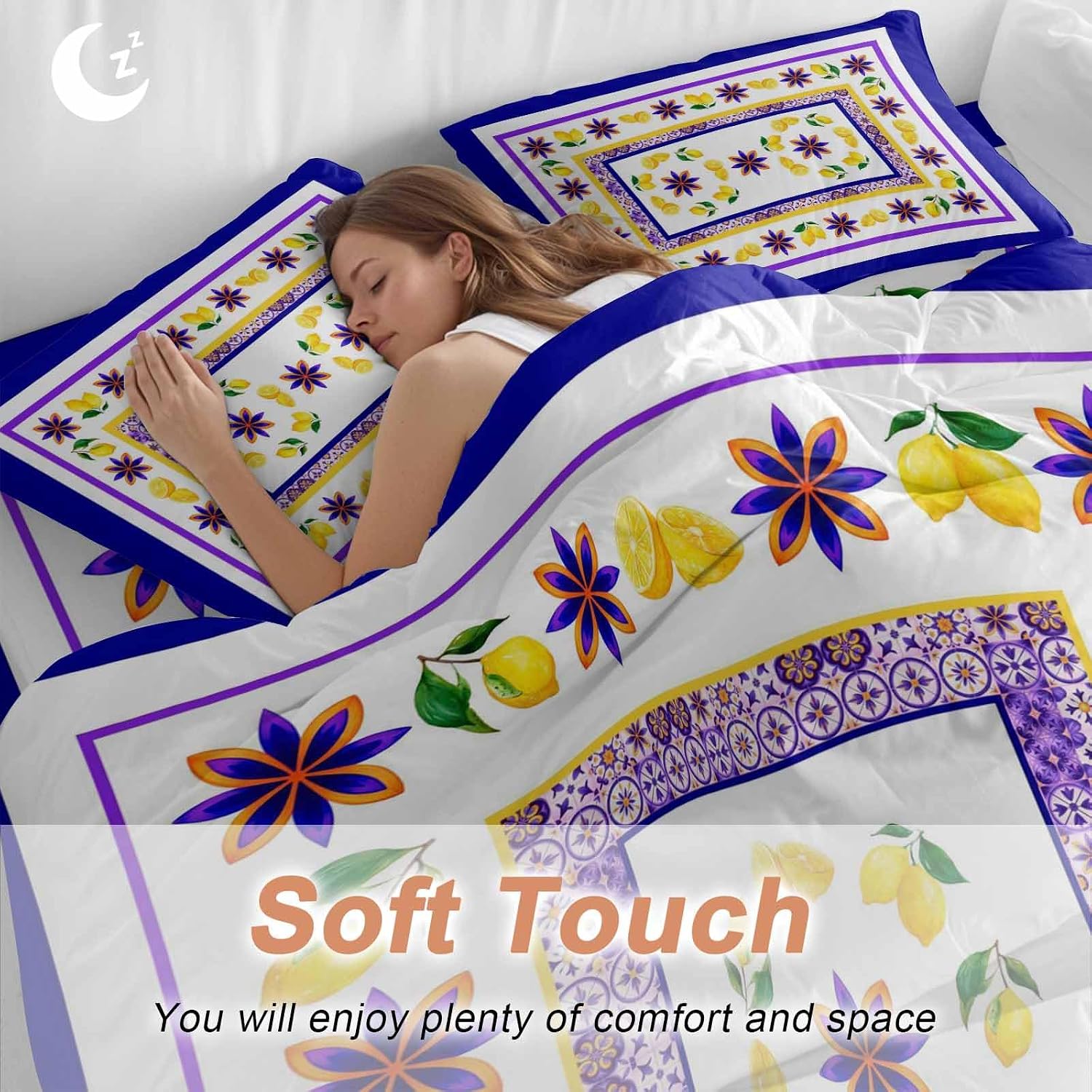 Mediterranean Style Lemon Floral Duvet Cover Set Queen Size 4 Pieces Blue Border Countryside Bedding Set with Zipper Closure, 1 Comforter Cover 92x106 Inches 1 Flat Sheet & 2 Pillow Cases