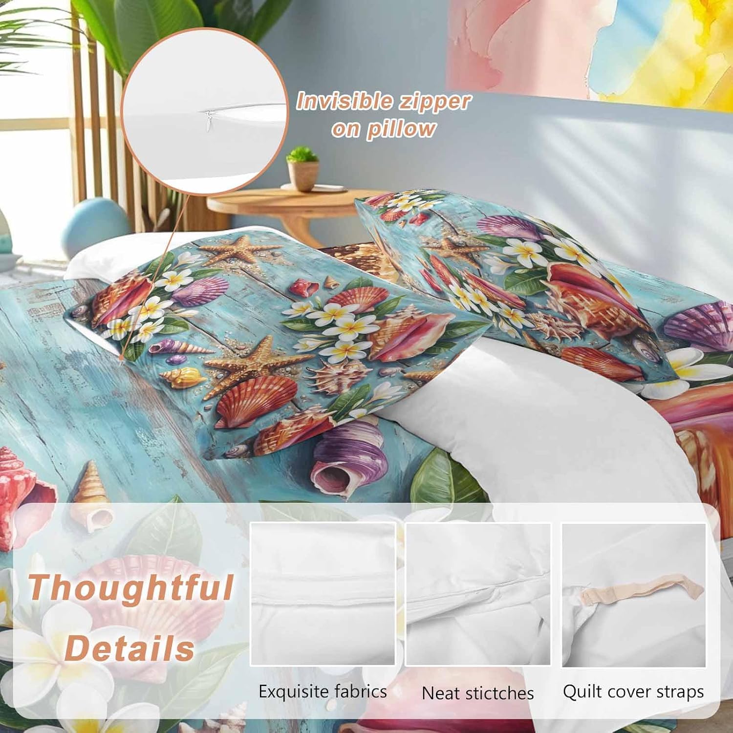 Ocean Beach Duvet Cover Set Queen Size 4 Pieces Summer Starfish Shell Flowers Leaf Blue Wooden Bedding Set with Zipper Closure, 1 Comforter Cover 86x86 Inches 1 Flat Sheet & 2 Pillow Cases