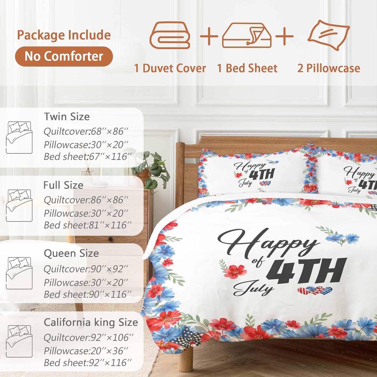Prime Leader Happy of 4th July Duvet Cover Set Queen Size 4 Pieces Rustic Red Blue Floral Heart Bedding Set with Zipper Closure, 1 Comforter Cover 86x86 Inches 1 Flat Sheet & 2 Pillow Cases
