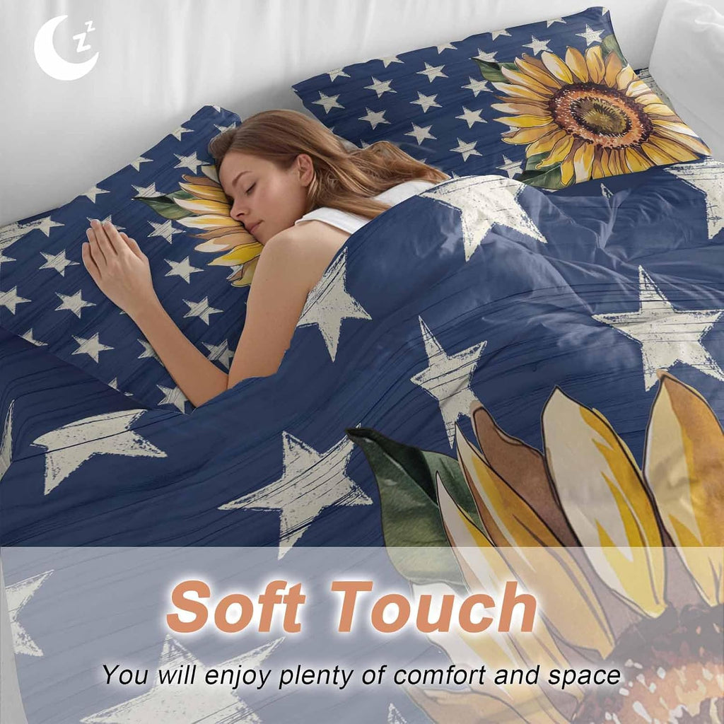 Prime Leader Independence Day Duvet Cover Set Queen Size 4 Pieces Hand Panted Sunflowers Countryside Star Bedding Set with Zipper Closure, 1 Comforter Cover 90x92 Inches 1 Flat Sheet & 2 Pillow Cases