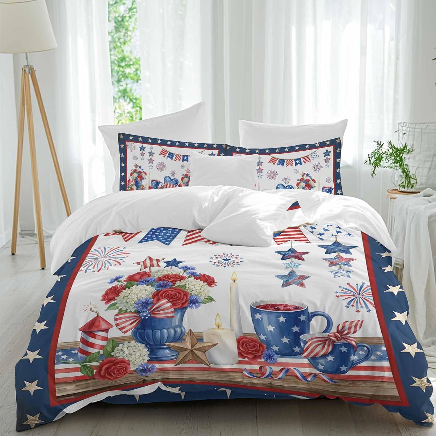 Prime Leader Independence Day Duvet Cover Set Queen Size 4 Pieces Retro Red Blue USA Flag Floral Star Bedding Set with Zipper Closure, 1 Comforter Cover 86x86 Inches 1 Flat Sheet & 2 Pillow Cases