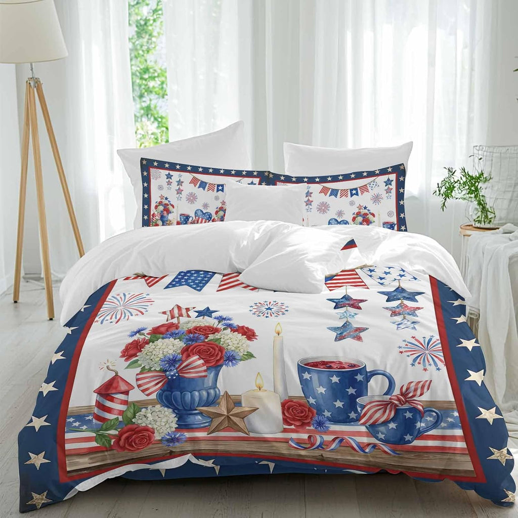 Prime Leader Independence Day Duvet Cover Set Queen Size 4 Pieces Retro Red Blue USA Flag Floral Star Bedding Set with Zipper Closure, 1 Comforter Cover 92x106 Inches 1 Flat Sheet & 2 Pillow Cases