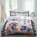 Prime Leader Independence Day Duvet Cover Set Queen Size 4 Pieces Retro Red Blue USA Flag Floral Star Bedding Set with Zipper Closure, 1 Comforter Cover 92x106 Inches 1 Flat Sheet & 2 Pillow Cases