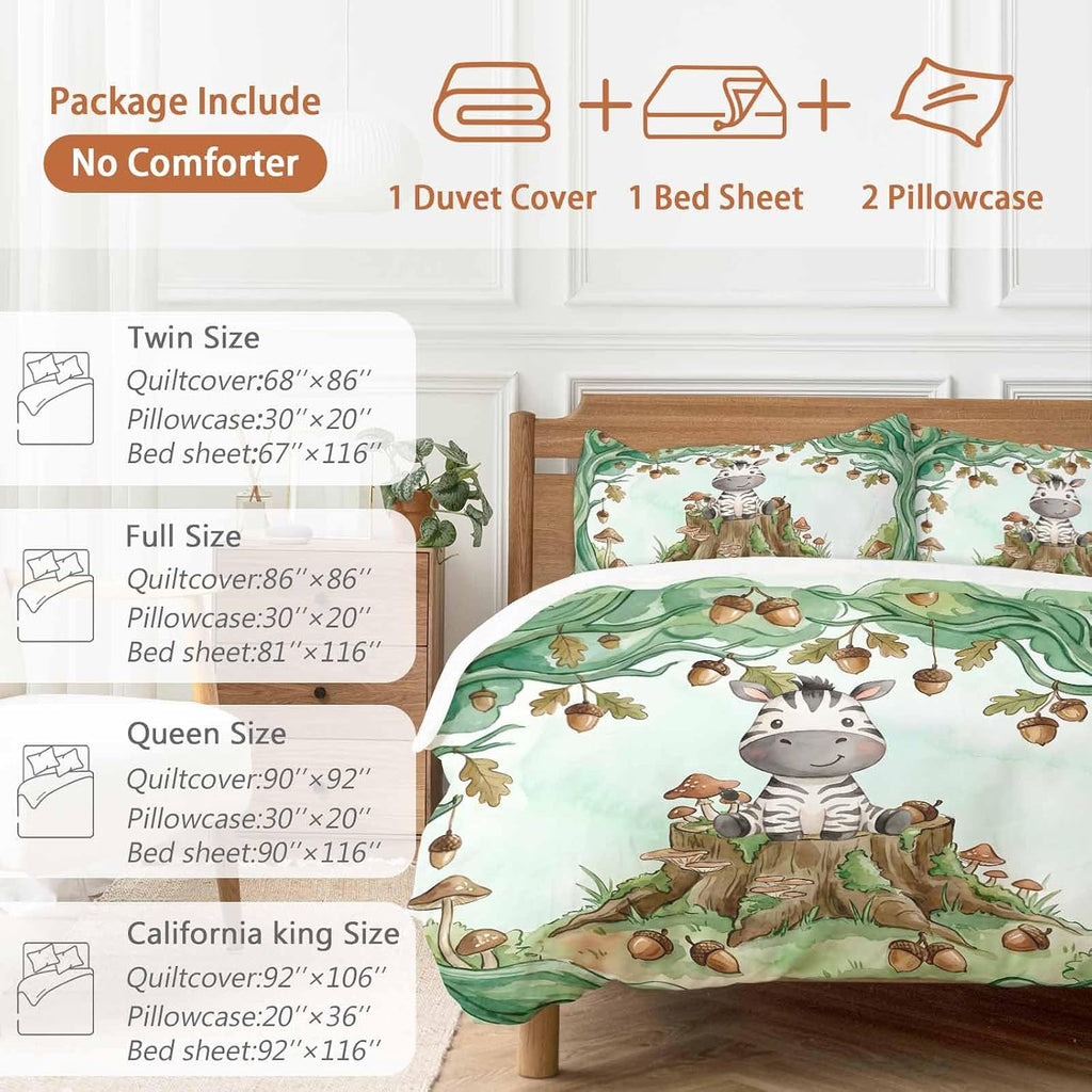 Cartoon Small Zebra Duvet Cover Set Queen Size 4 Pieces Watercolor Forest Animal Acorn Green Tree Bedding Set with Zipper Closure, 1 Comforter Cover 86x86 Inches 1 Flat Sheet & 2 Pillow Cases