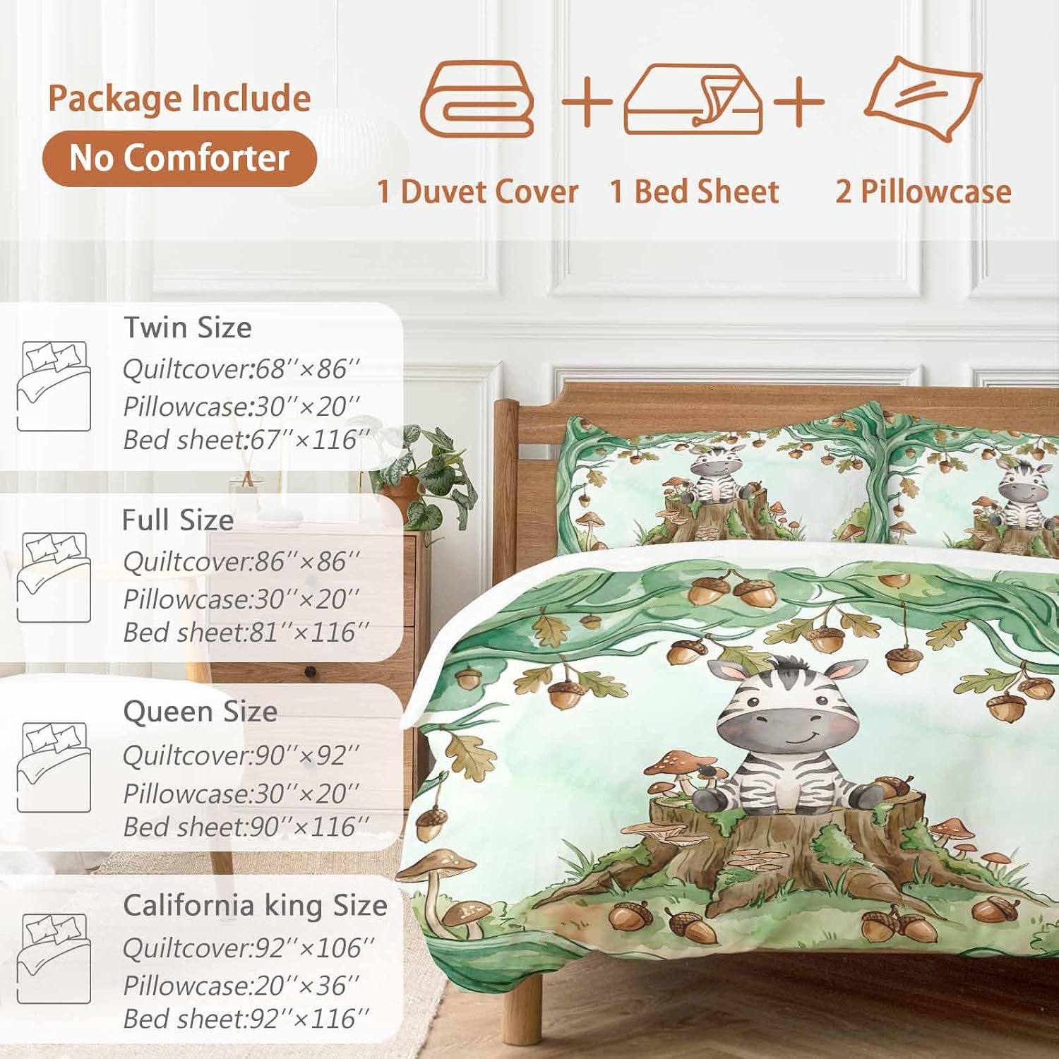 Cartoon Small Zebra Duvet Cover Set Queen Size 4 Pieces Watercolor Forest Animal Acorn Green Tree Bedding Set with Zipper Closure, 1 Comforter Cover 86x86 Inches 1 Flat Sheet & 2 Pillow Cases