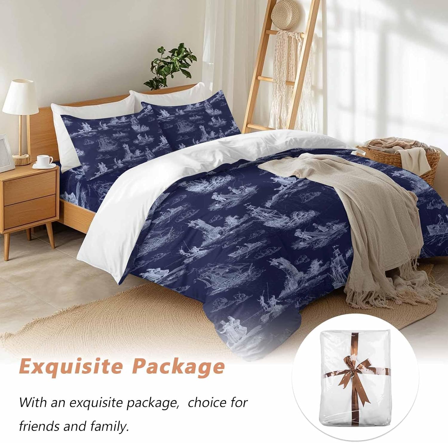 Vintage Farmhouse Ocean Duvet Cover Set Queen Size 4 Pieces Country Nautical Blue Sea Ships Castles Map Bedding Set with Zipper Closure, 1 Comforter Cover 92x106 Inches 1 Flat Sheet & 2 Pillow Cases