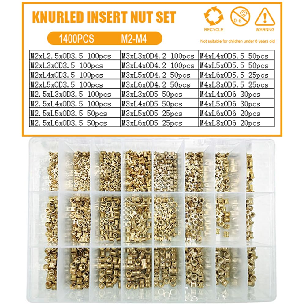 1set Double Pass Copper Knurl Nut Brass Insert Thread Metal Lock Nuts Embedded Fastener Assortment Kit Set Box M2 M2.5 M3 M4 M5 M6(LSTH0088)