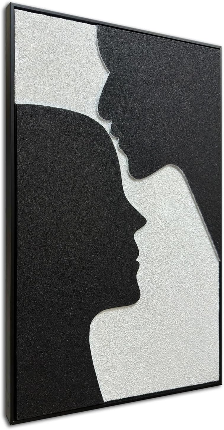 zoinart Creative Black and White Textured Wall Art, Handmade Abstract Romantic Plaster Paintings on Canvas, Relief Art 24x36 inch