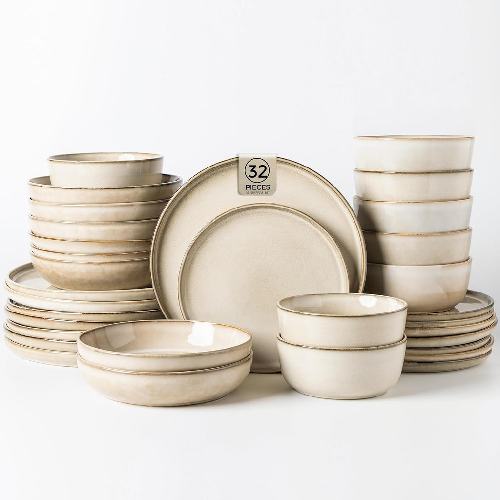 GBHOME 32 Pieces Double Bowls Ceramic Dinnerware Sets for 8, Stoneware Plates and Bowls Set with Reactive Glaze, Scratch Resistant Stoneware Dishes Set, Dishwasher & Microwave Safe