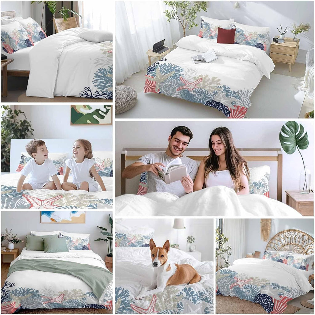 Summer Marine Life Duvet Cover Set Queen Size 4 Pieces Ocean Coral Coastal Starfish Blue Conch Bedding Set with Zipper Closure, 1 Comforter Cover 86x86 Inches 1 Flat Sheet & 2 Pillow Cases