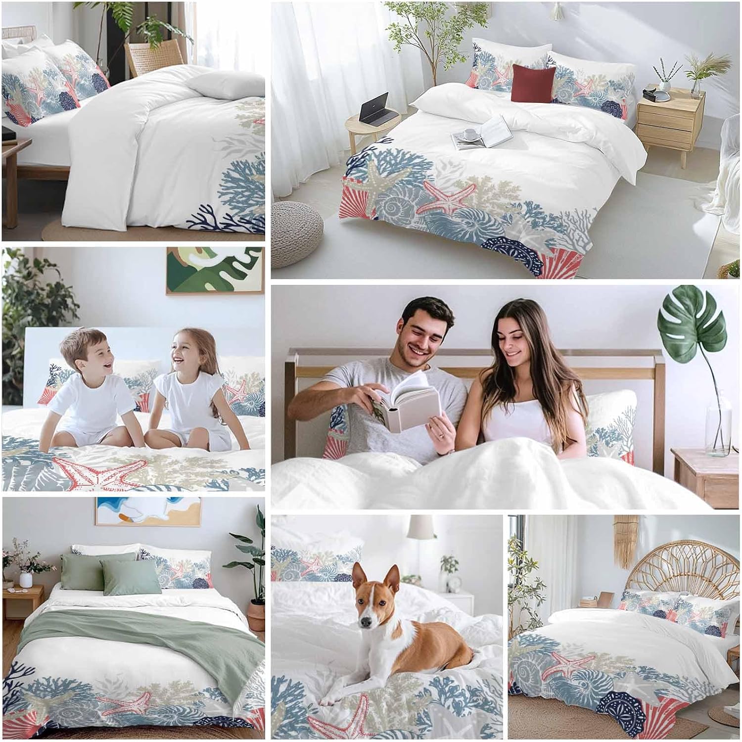 Summer Marine Life Duvet Cover Set Queen Size 4 Pieces Ocean Coral Coastal Starfish Blue Conch Bedding Set with Zipper Closure, 1 Comforter Cover 90x92 Inches 1 Flat Sheet & 2 Pillow Cases