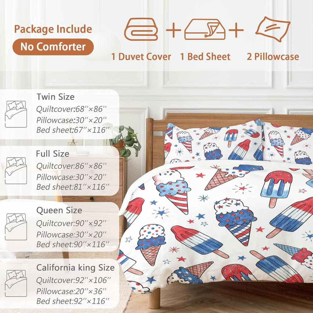 Prime Leader Red Blue Ice Cream Duvet Cover Set Queen Size 4 Pieces Independence Day Watercolor Ice Cream Bedding Set with Zipper Closure, 1 Comforter Cover 86x86 Inches 1 Flat Sheet & 2 Pillow Cases