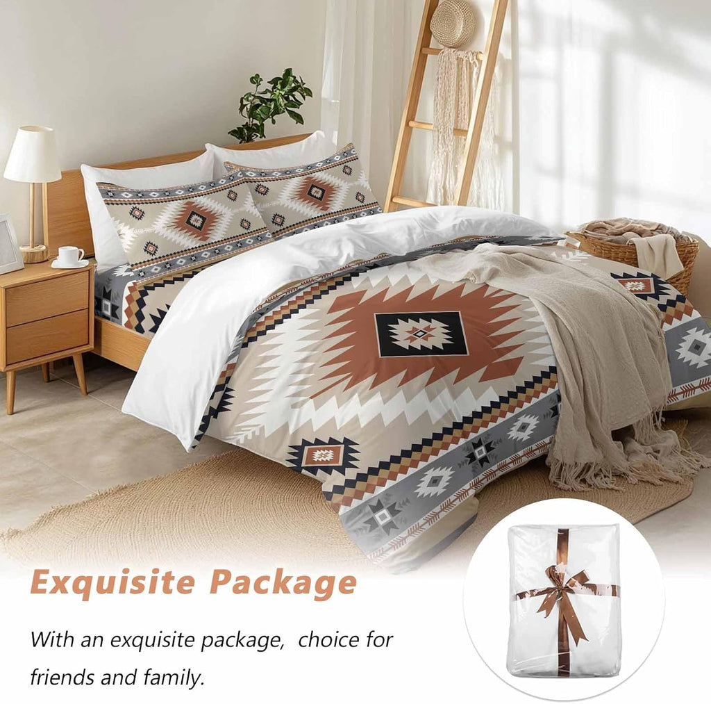 Aztec Southwestern Duvet Cover Set Queen Size 4 Pieces Ethnic Tribal Style Geometric Orange Khaki Bedding Set with Zipper Closure, 1 Comforter Cover 90x92 Inches 1 Flat Sheet & 2 Pillow Cases