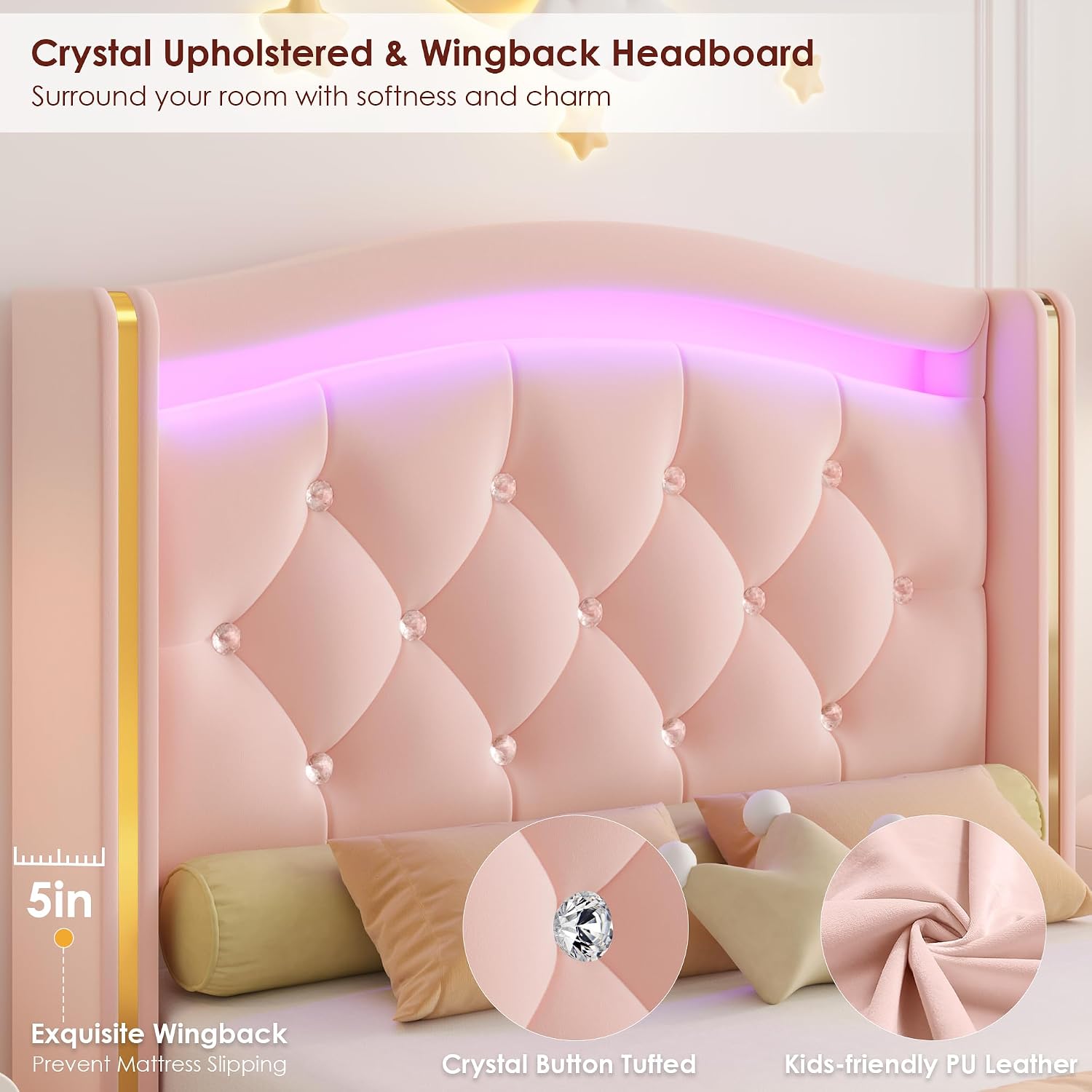 HIFIT Upholstered Twin LED Bed Frame with Crystal Button-Tufted Headboard and 4 Storage Drawers, Velvet Princess Twin Size Platform Bed Frames for Kids/Girls, No Box Spring Needed, Easy Assembly, Pink
