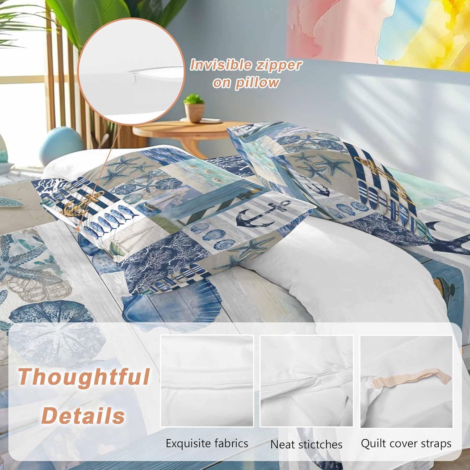 Summer Nautical Duvet Cover Set Queen Size 4 Pieces Blue Starfish Shells Anchor Boat Patchwork Bedding Set with Zipper Closure, 1 Comforter Cover 90x92 Inches 1 Flat Sheet & 2 Pillow Cases