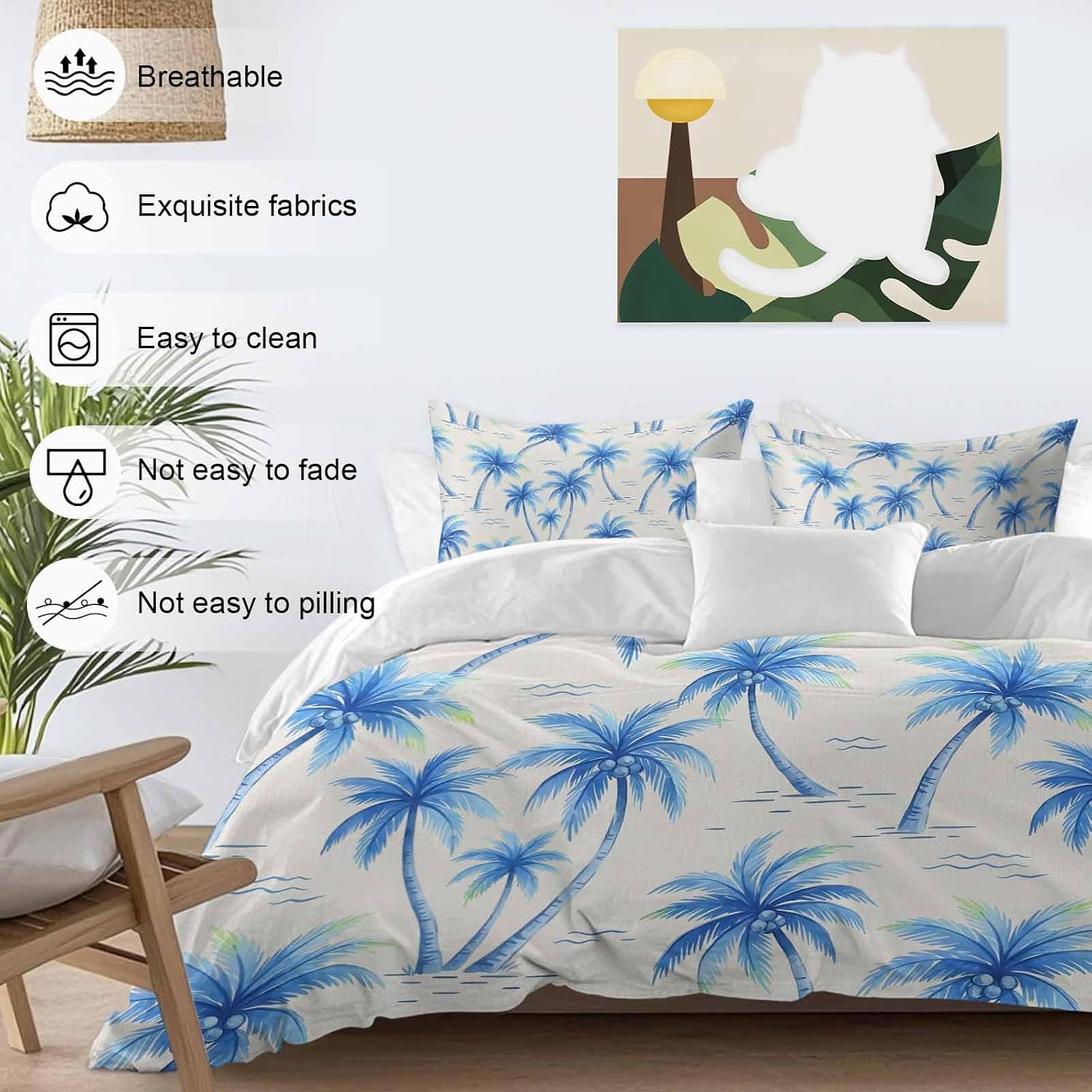 Tropical Plant Duvet Cover Set Queen Size 4 Pieces Blue Palm Trees Watercolor Tree Gradient Summer Bedding Set with Zipper Closure, 1 Comforter Cover 92x106 Inches 1 Flat Sheet & 2 Pillow Cases