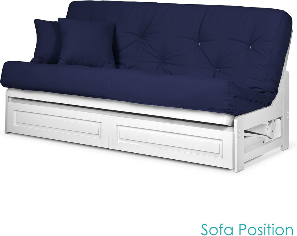 Nirvana Futons Arden White Futon with Storage Drawers Queen Size - Minimalist Armless Design with 8 Inch Comfortable Mattress (Twill Navy Blue), Sofa Bed Available in