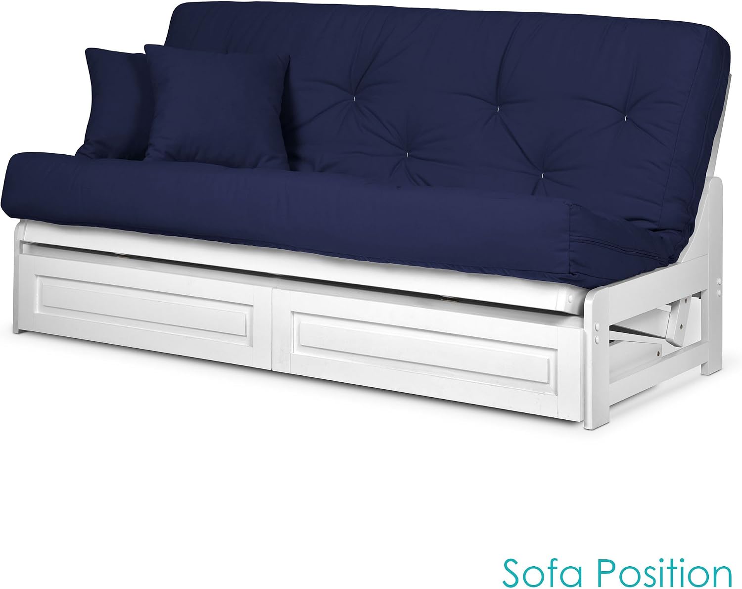 Nirvana Futons Arden White Futon with Storage Drawers Queen Size - Minimalist Armless Design with 8 Inch Comfortable Mattress (Twill Navy Blue), Sofa Bed Available in