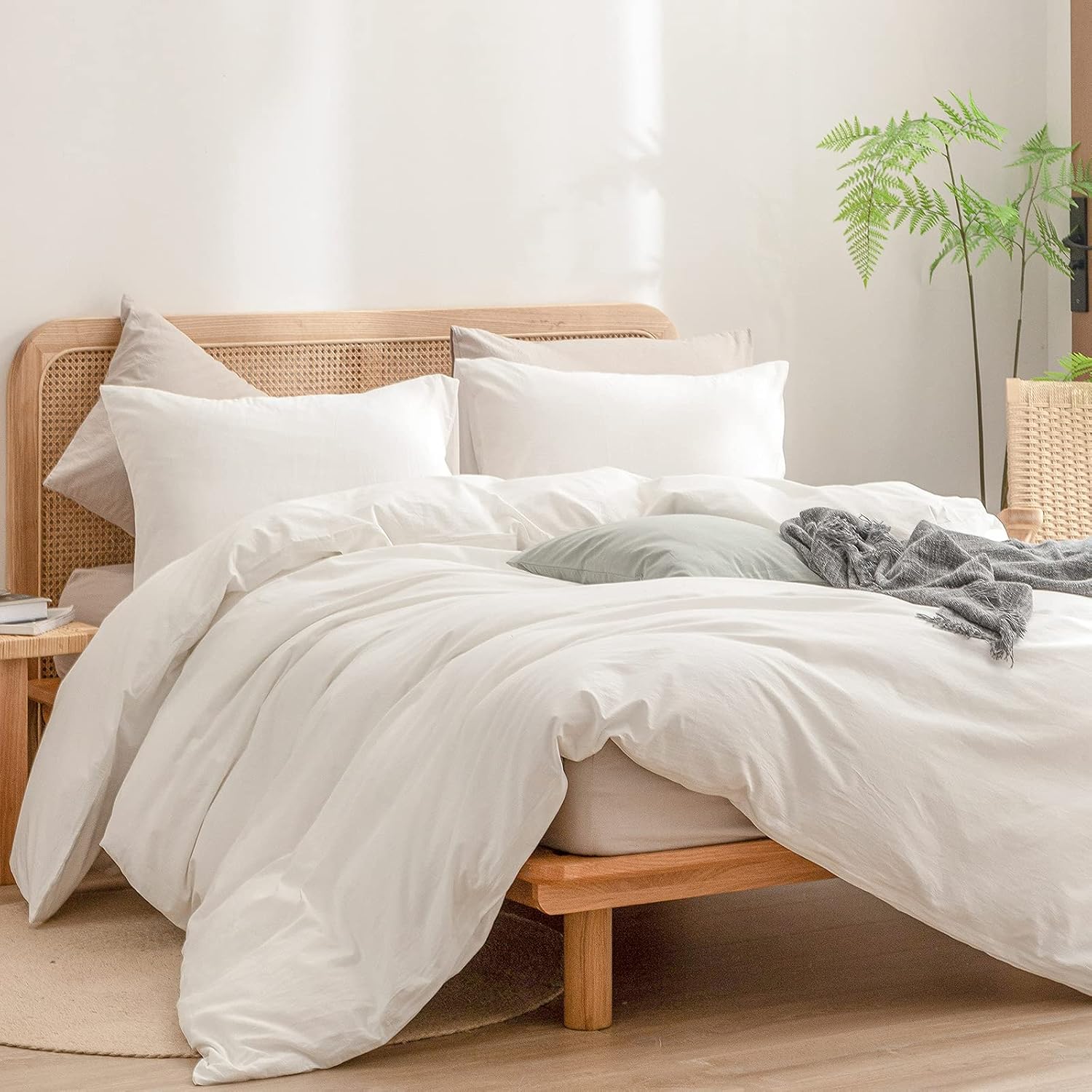 BESTOUCH Duvet Cover Set 100% Washed Cotton Linen Feel Super Soft Comfortable Chic Lightweight 3 PCs Home Bedding Set Solid Off White Super King Plus